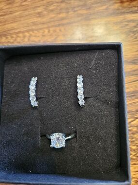 Women's Silver-Tone Moistenite Ring and Hoop Earring Set - Clear